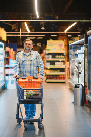 Mature man pushing a shopping cart at the supermarket, he is buying groceries, grocery shopping concept.の写真素材