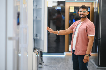 Smart modern Indian male customer choosing large refrigerators in domestic appliances section.の写真素材