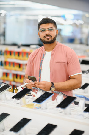 Close up of handsome young man buying new mobile in the electronic shop.の写真素材
