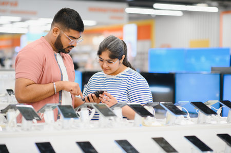 Indian couple looking for new smartphone at store.の写真素材