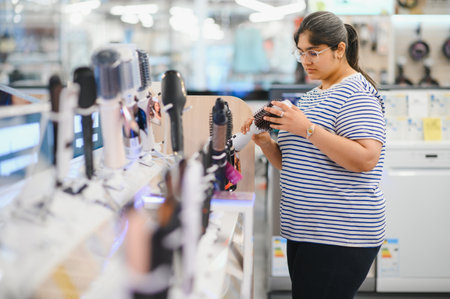 Beautiful Indian woman in the store is testing a hairdryer.の写真素材