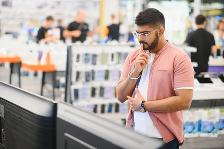 guy in an electronics store chooses a cell phone to buy.