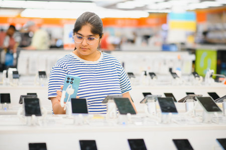 Woman choosing phone at technology store.の写真素材