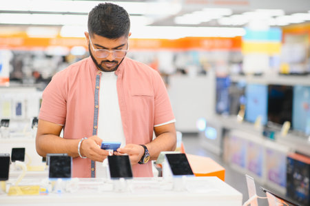 guy in an electronics store chooses a cell phone to buy.の写真素材