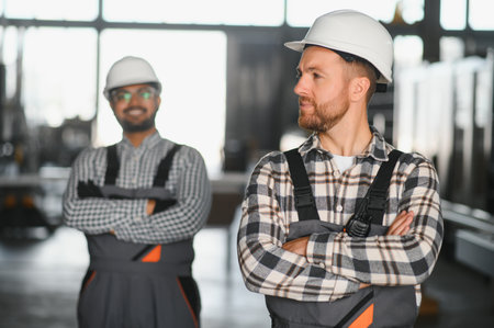 Two workers at a factory for the production of metal-plastic windows and doors.