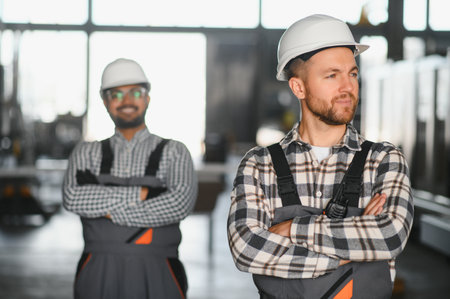 Two engineer worker working together with safety uniform and white helmet to work in industry...