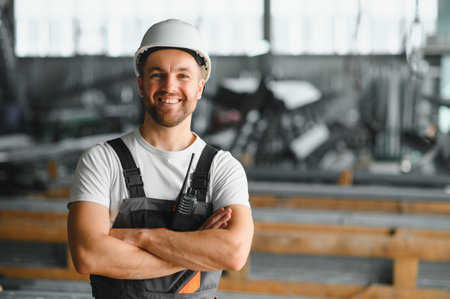 Portrait of a young worker in a hard hat at a large metalworking factory. Shiftman on the warehouse...
