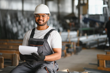Portrait of cheerful young worker wearing hardhat at modern factory.の写真素材