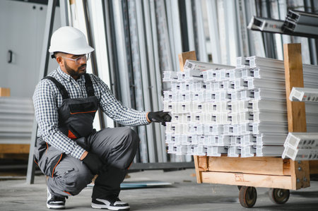 Portrait of cheerful young worker wearing hardhat at modern factory.の写真素材