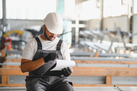 Portrait of cheerful young worker wearing hardhat at modern factory.