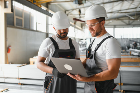 Factory worker man and engineer manager working together a metal sheet industrial worksite, checking...