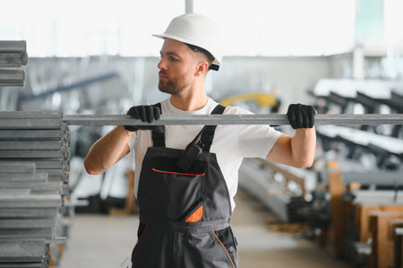 Factory worker measures the metal profile.