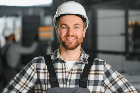 Smiling and happy employee. Portrait of industrial worker indoors in factory. Young technician with...