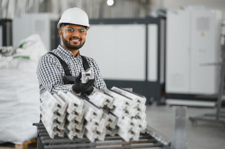 Smiling and happy employee. Industrial worker indoors in factory. Young technician with orange hard...