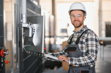 Smiling and happy employee. Portrait of industrial worker indoors in factory. Young technician with...