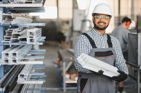 Portrait Indian male staff worker engineer supervisor in safety suit work in factory warehouse.