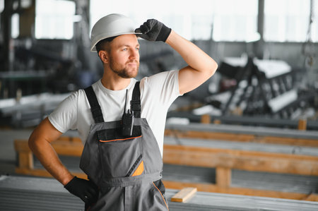 Factory worker measures the metal profile.の写真素材