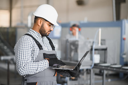 Happy Young Indian male engineer wearing safety workwear standing in the factory.