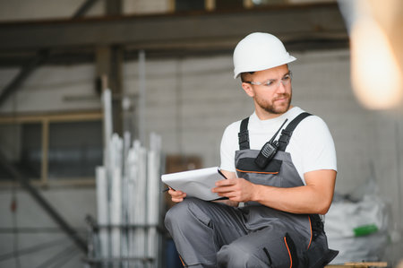 Portrait of a young worker in a hard hat at a large metalworking factory. Shiftman on the warehouse...