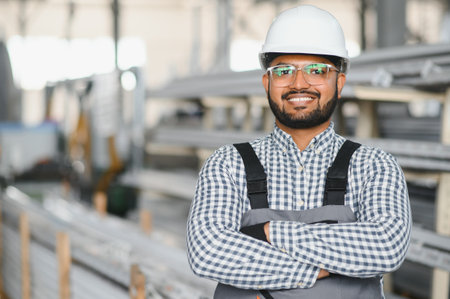 Happy Young Indian male engineer wearing safety workwear standing in the factory.の写真素材
