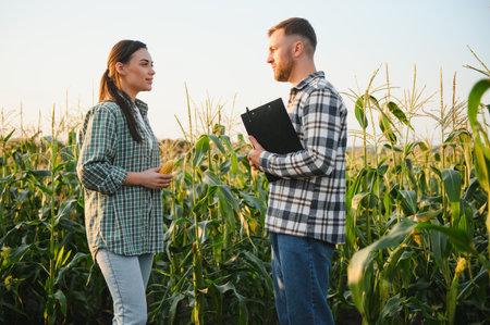 irrigation corn. two farmers work in field with corn. agriculture irrigation concept. farmers a man...