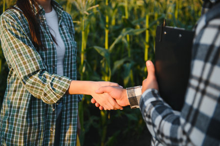 irrigation corn. two farmers work in field with corn. agriculture irrigation concept. farmers a man and woman work through field with green corn sprouts against irrigation business silhouetteの写真素材