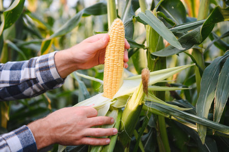 Yong handsome agronomist in the corn field and examining crops before harvesting. Agribusiness concept. agricultural engineer standing in a corn field.の写真素材