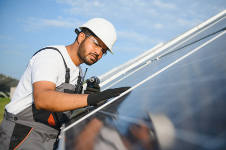 Portrait of handsome Indian worker near solar panels.の写真素材