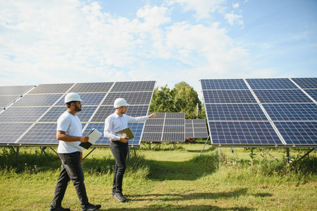 Two engineers are conducting outdoor inspection of solar photovoltaic panels.の写真素材