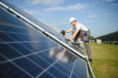 Man mounting technician photovoltaic solar modules. Engineer in helmet installing solar panel system outdoors.の写真素材