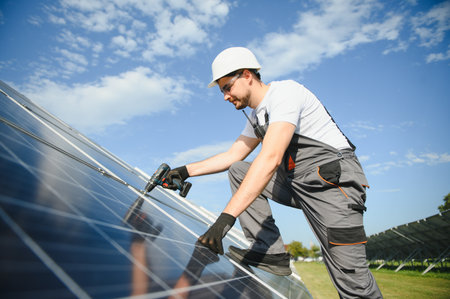 Man mounting technician photovoltaic solar modules. Engineer in helmet installing solar panel system...