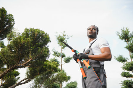 african american male garden worker works.の写真素材