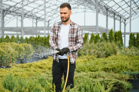 A young gardener cuts a tree with scissors. Gardening and tree shop concept.の写真素材