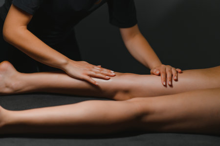 Beauty treatments for weight lost. Cropped shot of therapist or massager doing lymphatic drainage or anti cellulite massage on legs for woman client lying at spa center. Body care conceptの写真素材