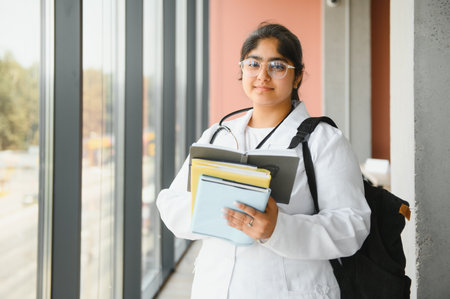 Medical concept of Indian beautiful female doctor in white coat with stethoscope. medical student.の写真素材