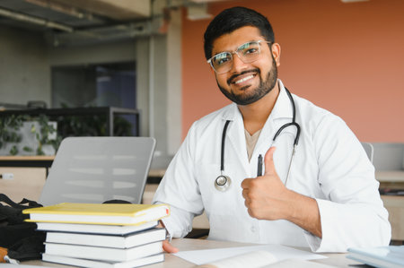 multiracial South Asian medical students with a medical court and stethoscope. medical student life.の写真素材