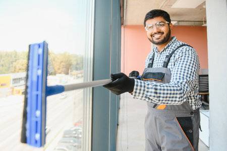 Cheerful male person cleaning window.の写真素材