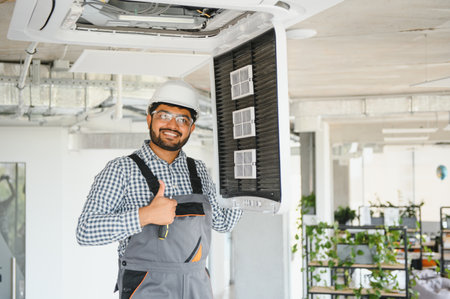 Indian male worker inspecting the air conditioner mounted on the ceiling.の写真素材