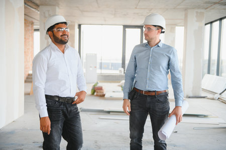Two Asian engineer working at site of a large building project,Thailand people,Work overtime at construction site,Team of engineer discus at siteの写真素材