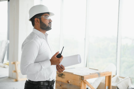 Male architect in hard hat at construction site.