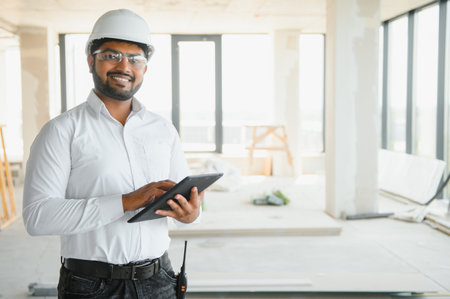 Male architect in hard hat at construction site.の写真素材