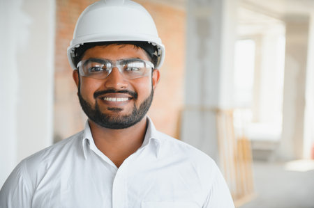 Indian construction site manager standing wearing helmet, thinking at construction site. Portrait of...