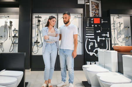 Young couple choosing lavatory pan standing together in the building shop with sanitary ceramics.の写真素材