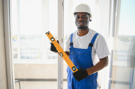 Workman in overalls installing or adjusting plastic windows in the living room at home.