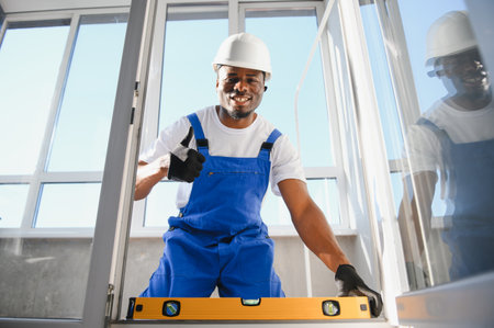 Worker in installing white plastic upvc window on house.