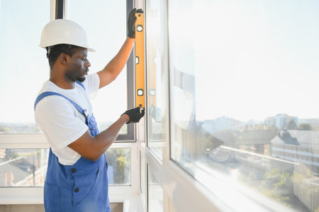 Young African Repairman In Overalls Installing Window.の写真素材