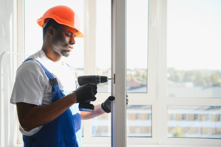 handyman adjusting white pvc plastic window indoors. worker using screwdriver to repair upvc window. homework maintenance.の写真素材
