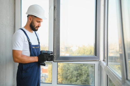 Construction worker repairing plastic window with screwdriver indoors, space for text. Banner designの写真素材