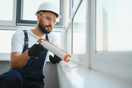 Hands applying silicone sealant that defending from water leaks and mildew. Home repair and maintenance services.の写真素材