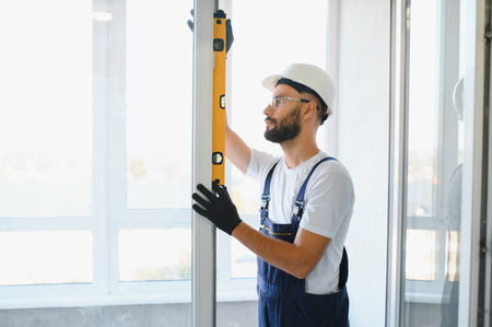 Construction worker repairing plastic window with screwdriver indoors, space for text. Banner designの写真素材